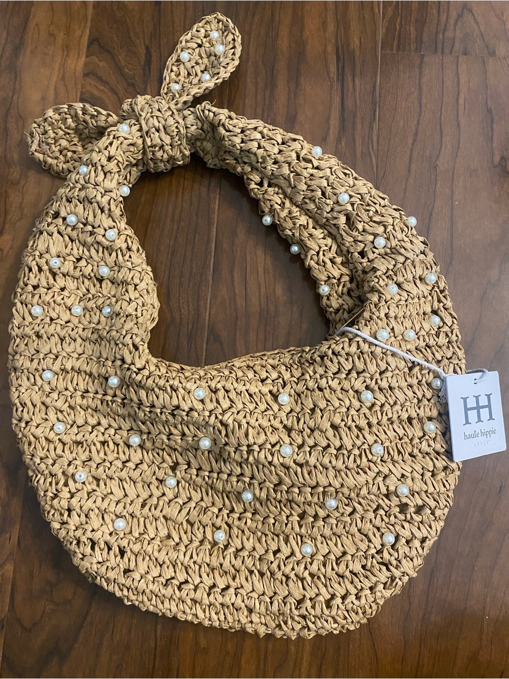 Haute Hippie Tan Woven Shoulder Bag with Pearl Accents